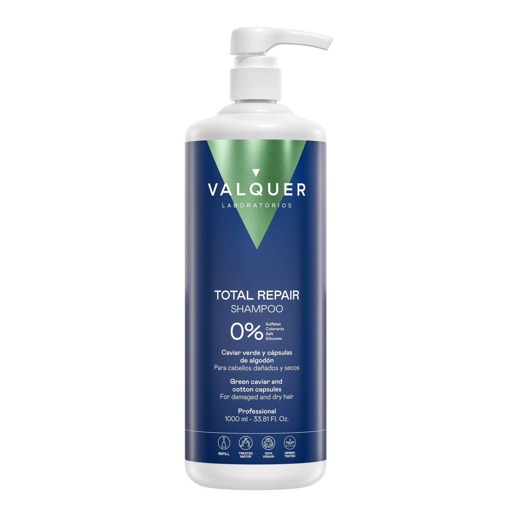 Valquer Laboratorios - Champú Total Repair Zero % Cabellos Dañados y Secos con Caviar Verde y Cápsulas de Algodón para una Reparación Total y Hidratación Profunda Sin Sulfatos Ni Parabenos - Certificación Halal